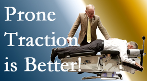 La Grande spinal traction applied lying face down – prone – is best according to the latest research. Visit Paulette Hugulet, DC, LLC.