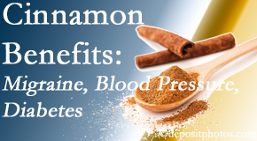 Paulette Hugulet, DC, LLC shares research on the benefits of cinnamon for migraine, diabetes and blood pressure.