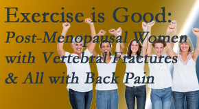 Paulette Hugulet, DC, LLC encourages simple yet enjoyable exercises for post-menopausal women with vertebral fractures and back pain sufferers. 