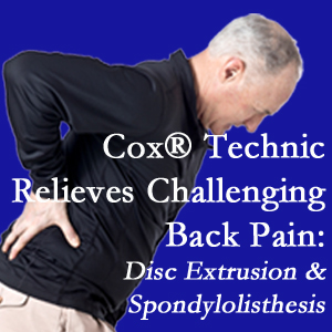 La Grande chiropractic care with Cox Technic alleviates back pain due to a painful combination of a disc extrusion and a spondylolytic spondylolisthesis.